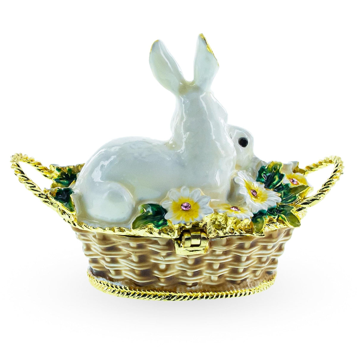 a white rabbit in a basket