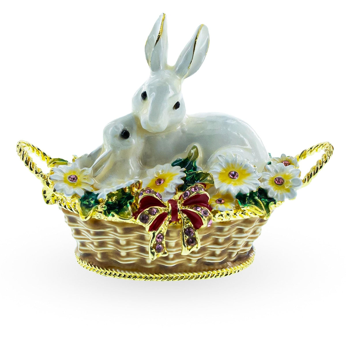 a white rabbit figurine in a basket