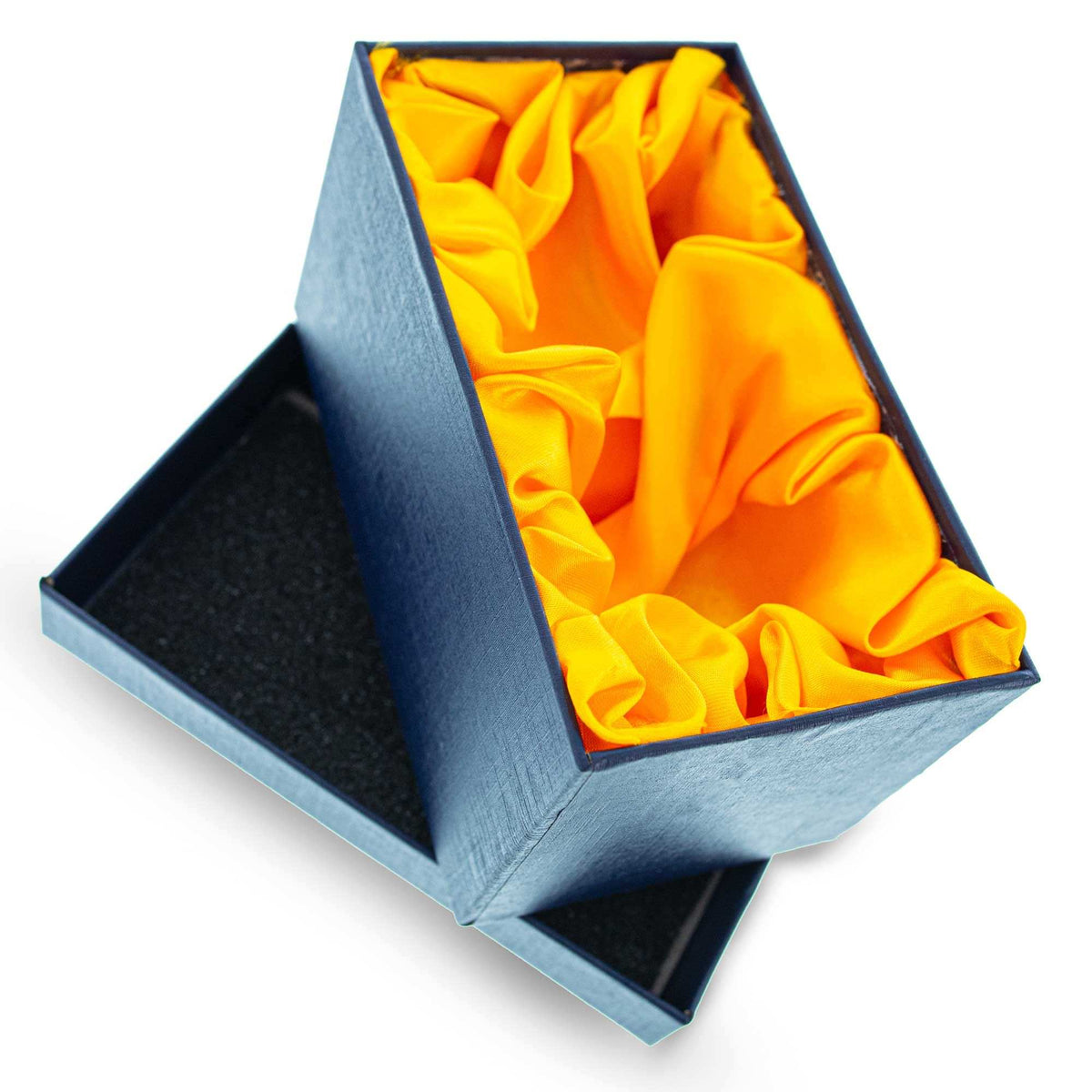 a blue box with a yellow cloth inside