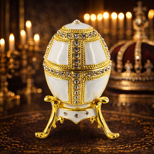 a gold and white egg with diamonds and a crown