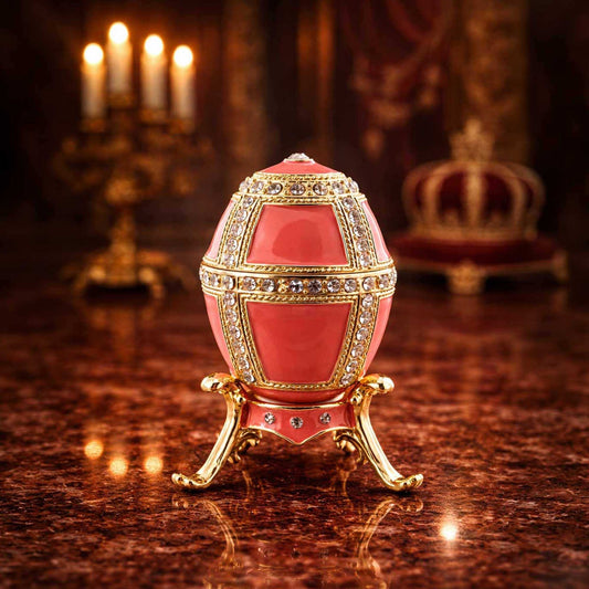 a pink egg with gold trim and diamonds on a marble table