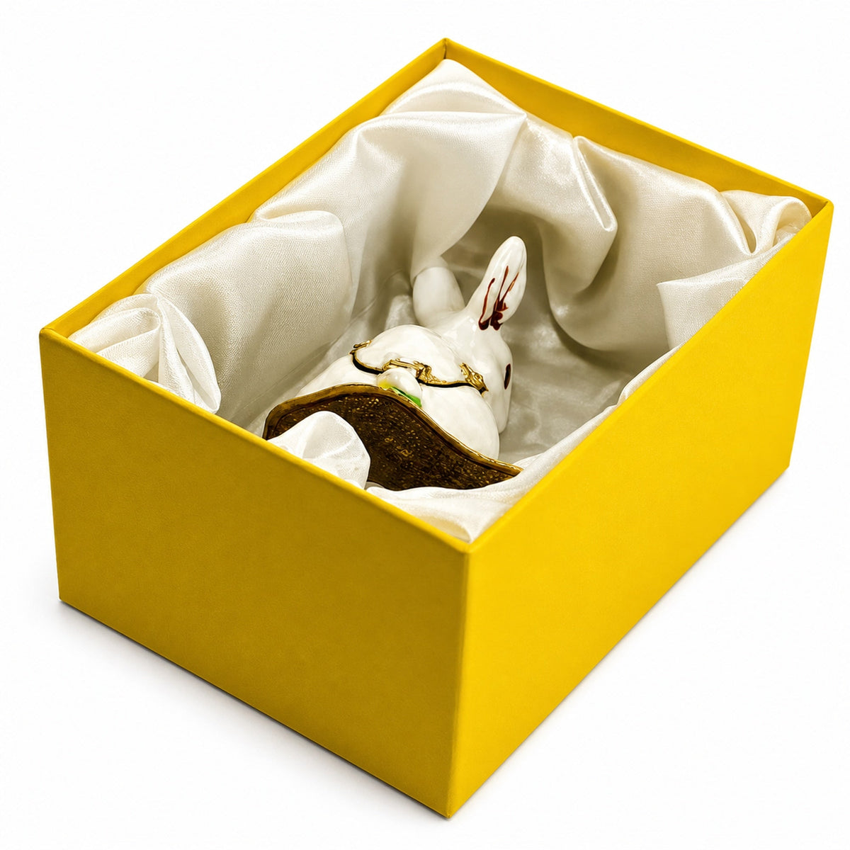 a white rabbit in a yellow box