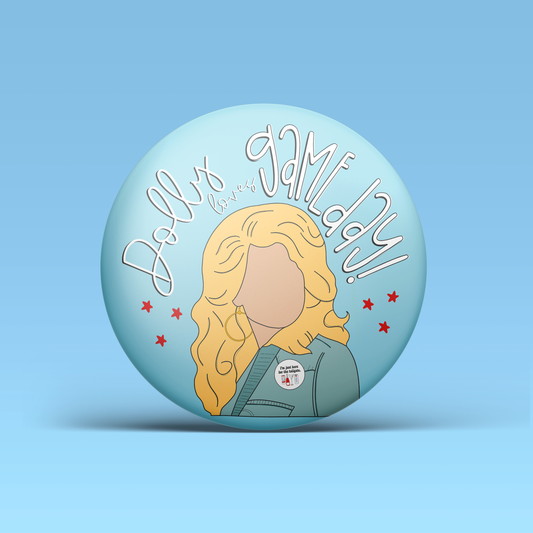 a button with a drawing of a woman
