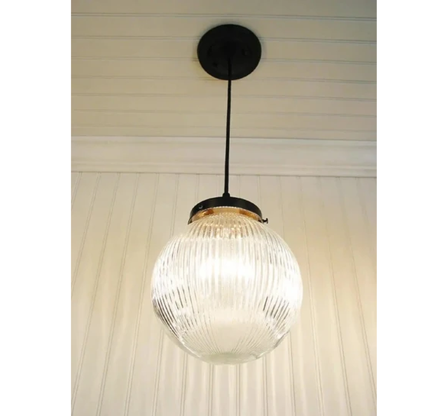 Factory Antique Large Glass Holophane Pendant Light