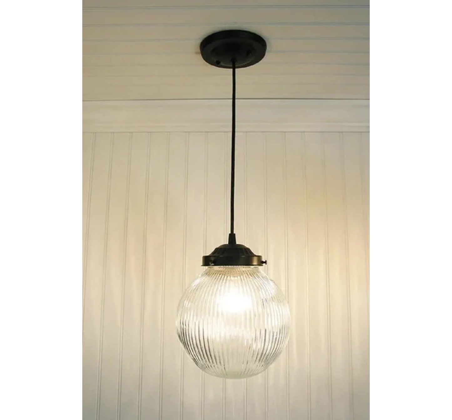 Factory Antique Large Glass Holophane Pendant Light