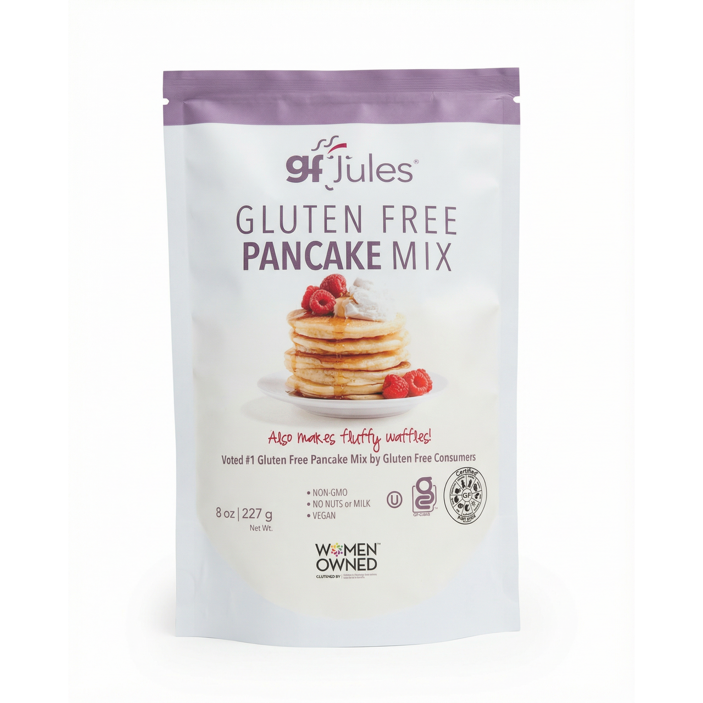 gfJules gluten free pancake mix package on a white background