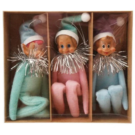 Pastel MCM KneeHugger Elf Ornaments Set of 3 by Bethany Lowe — Vintage Reproduction Christmas Ornaments