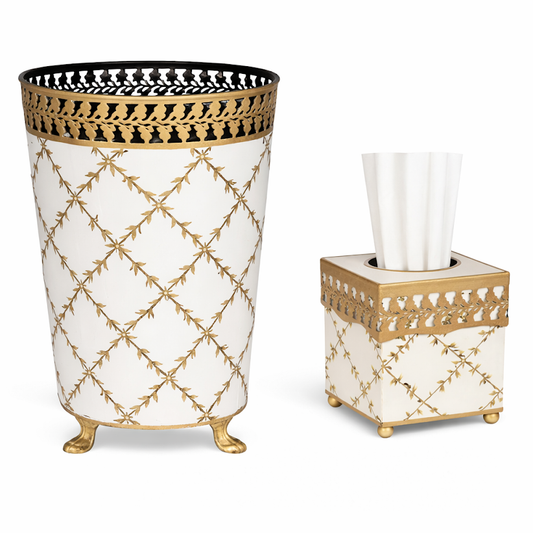Ivory Pierced Gold Leaf Wastepaper Basket & Tissue (2 Options)