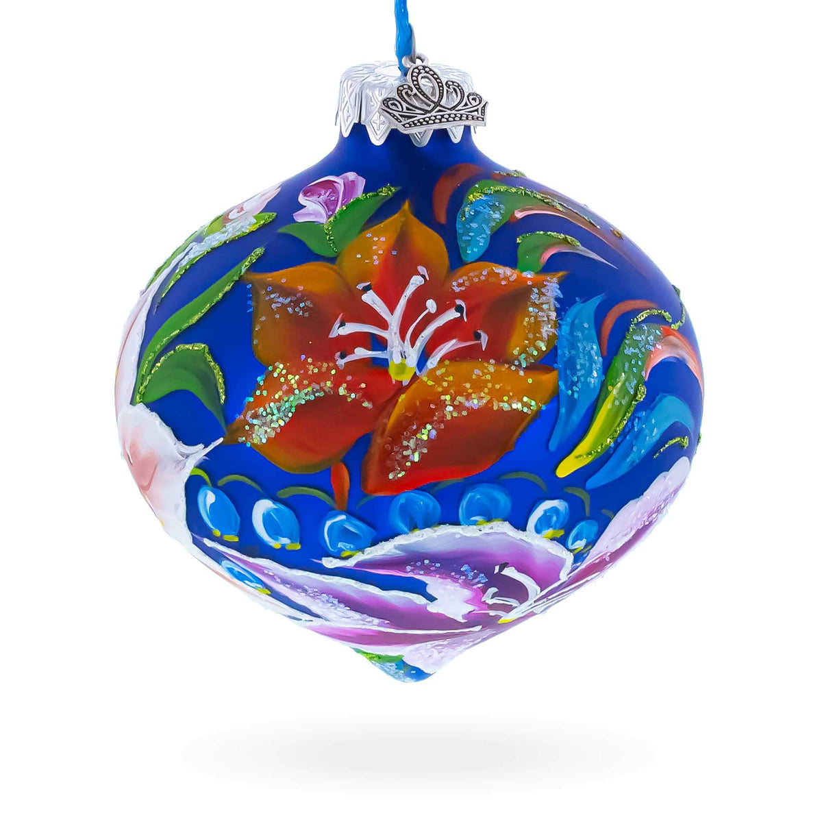 a blue ornament with a flower painted on it