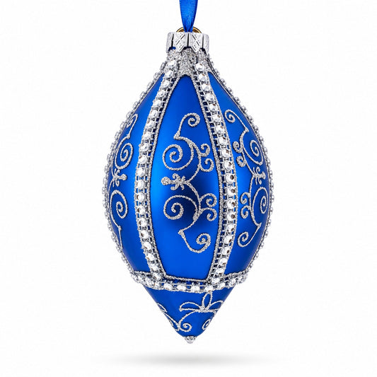 Jeweled Pattern on Blue Pointed Teardrop Finial Glass Christmas Ornament