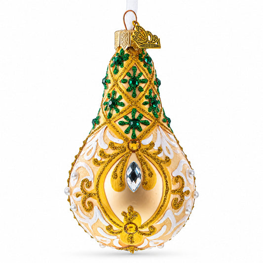 Swirls on Champagne Bejeweled Pear Shape Glass Ornament