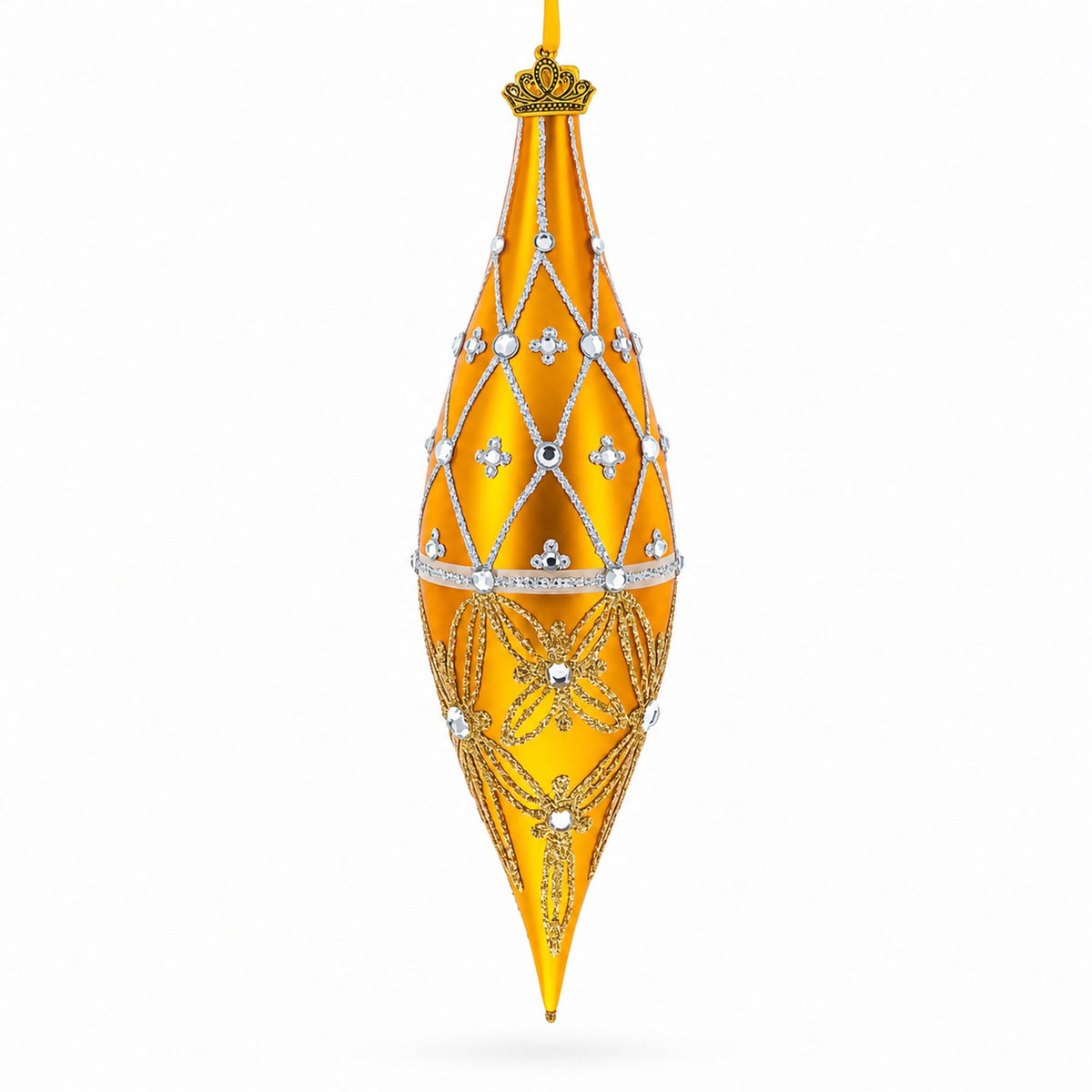 Golden Lattice and Floral Pattern Jeweled Elongated Pointed Teardrop Finial Glass Christmas Ornament