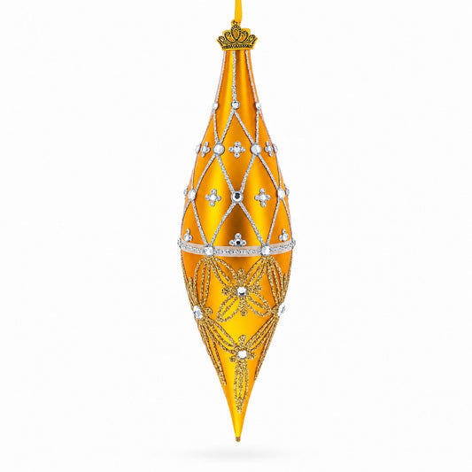 Golden Lattice and Floral Pattern Jeweled Elongated Pointed Teardrop Finial Glass Christmas Ornament