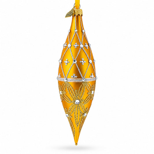 Golden Lattice and Floral Pattern Jeweled Elongated Pointed Teardrop Finial Glass Christmas Ornament