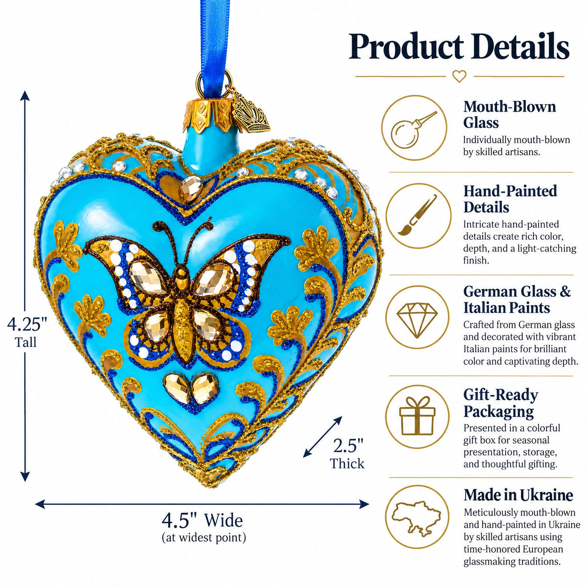 Turquoise Butterfly Elegance Heart Glass Ornament