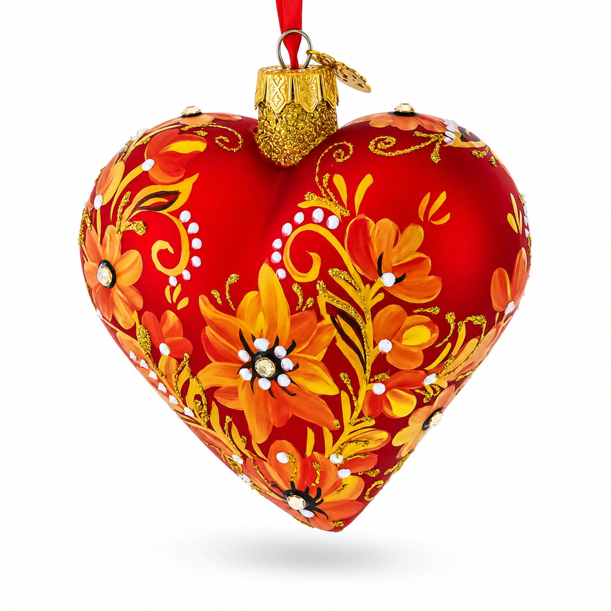 Red Floral Baroque Jeweled Glass Heart Ornament