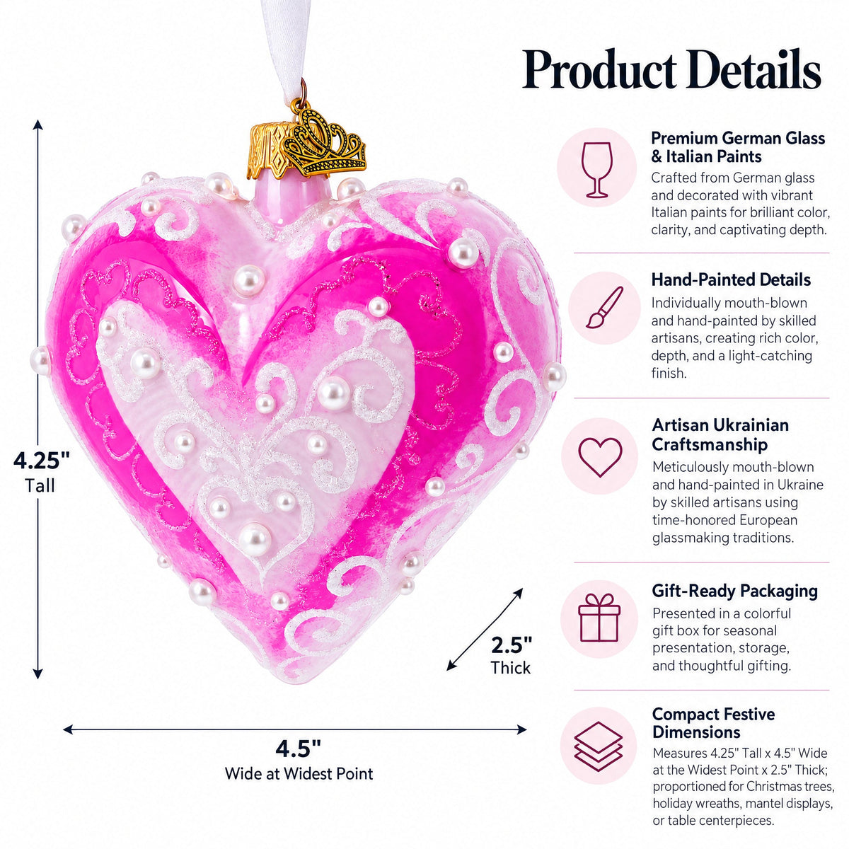 Pink Jeweled Blossom Glass Heart Ornament