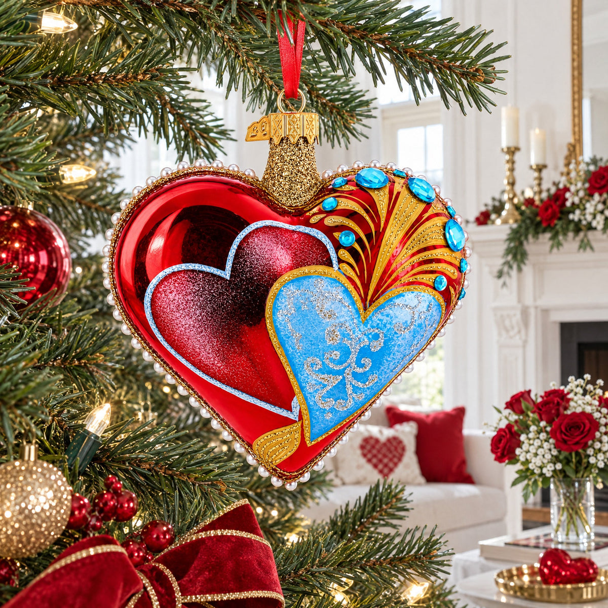 Royal Romance Pearl Jewels Glass Heart Ornament