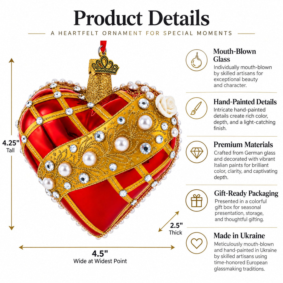 Royal Romance Pearl Jewels Glass Heart Ornament