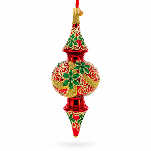 Holly & Gold Scroll Double-Ended Finial Drop Glass Christmas Ornament