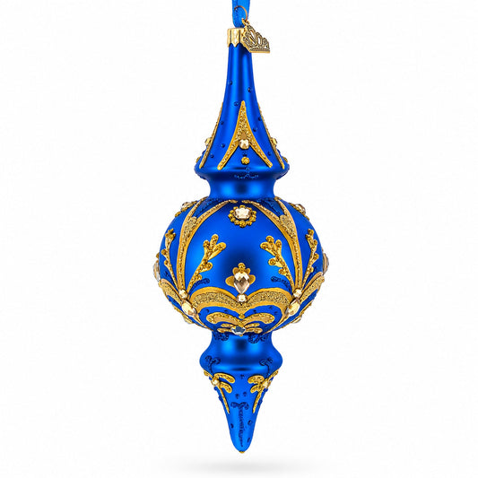 Jeweled Gold Scrollwork's on Blue Double-Ended Finial Drop Glass Christmas Ornament