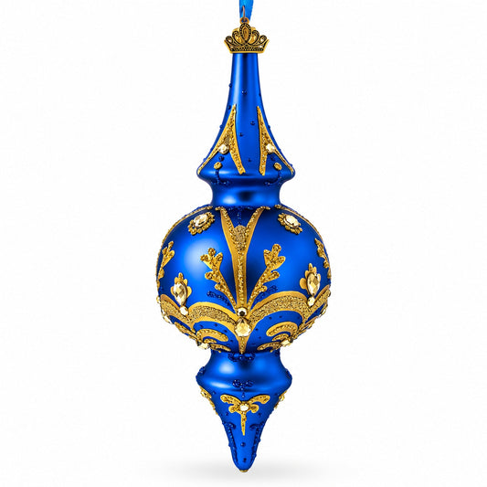 Jeweled Gold Scrollwork's on Blue Double-Ended Finial Drop Glass Christmas Ornament