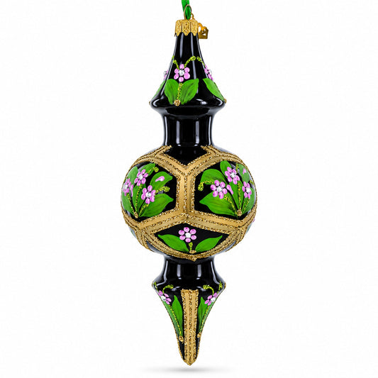 Black & Gold Floral Medallion Double-Ended Finial Drop Glass Christmas Ornament