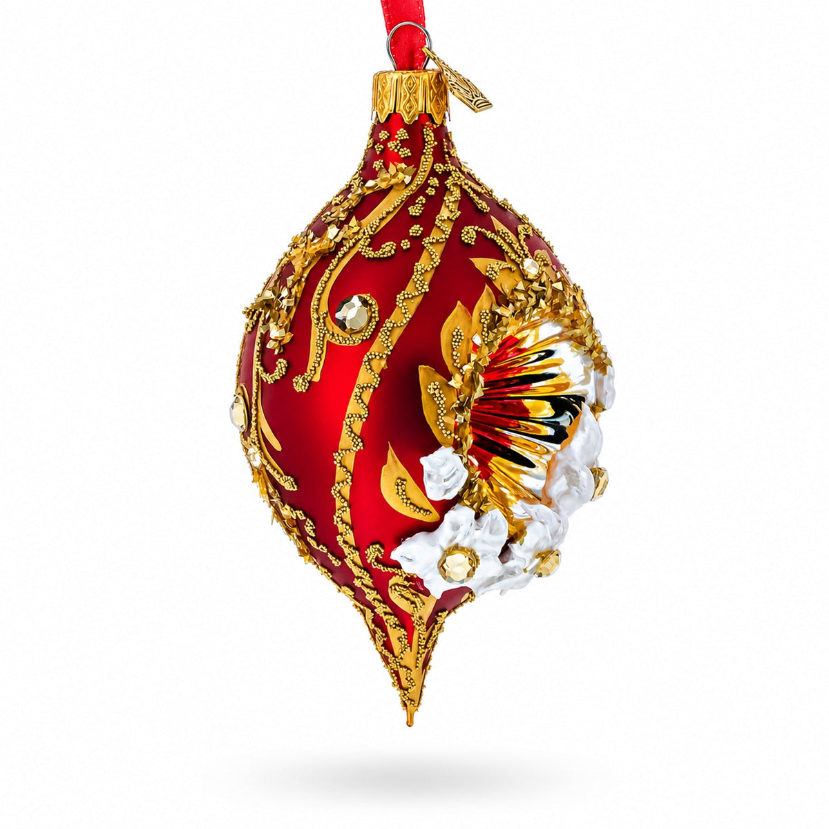 Vintage Style Red Reflector Pointed Teardrop Finial Glass Christmas Ornament