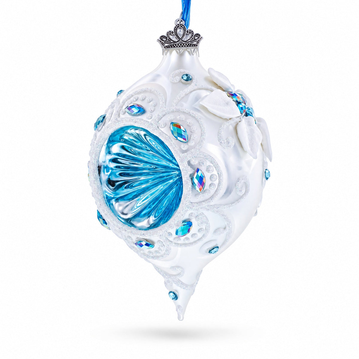 Vintage Style White and Blue Reflector Pointed Teardrop Finial Glass Christmas Ornament