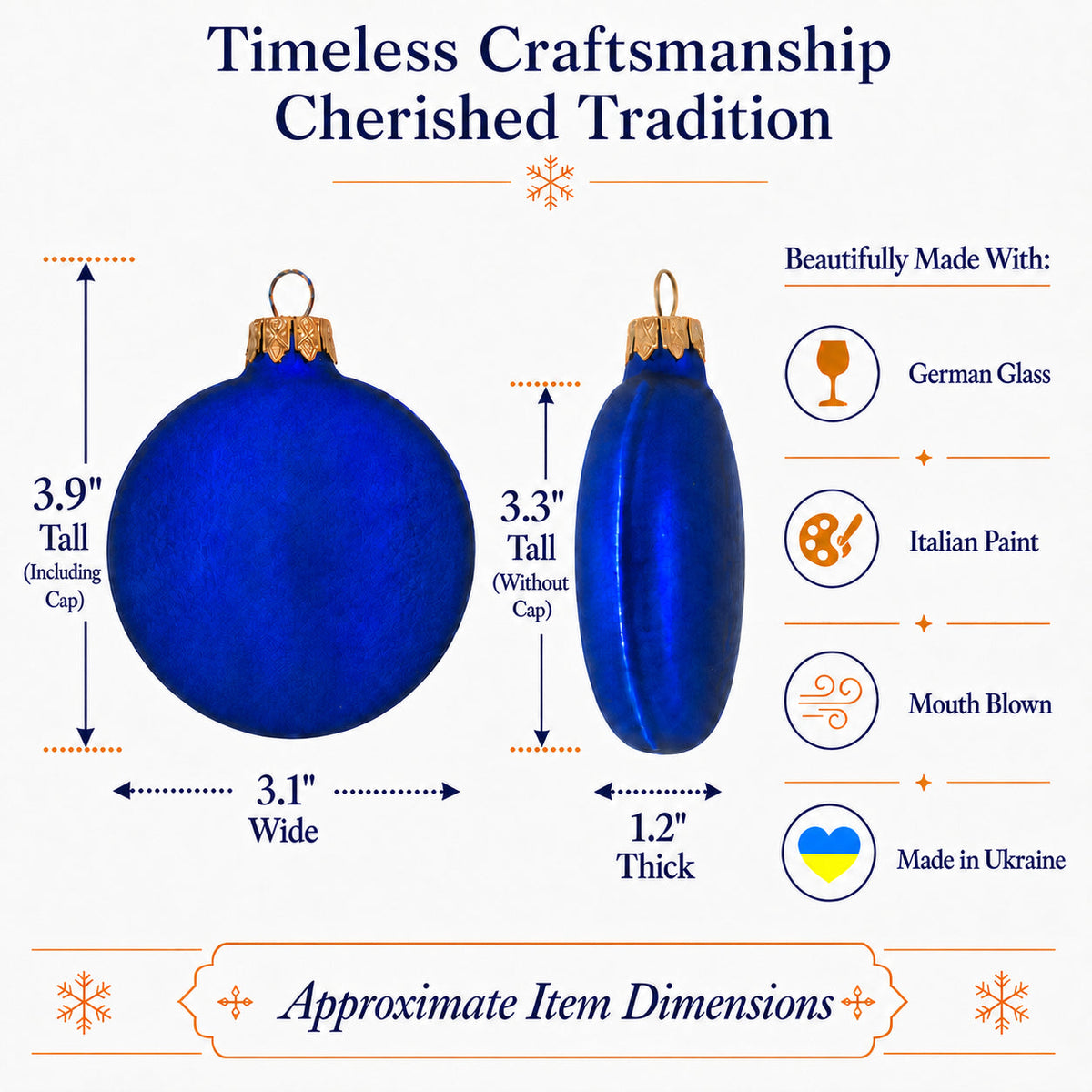 Set of 6 Matte Blue Flat Disc Glass Christmas Ornaments 3 Inches