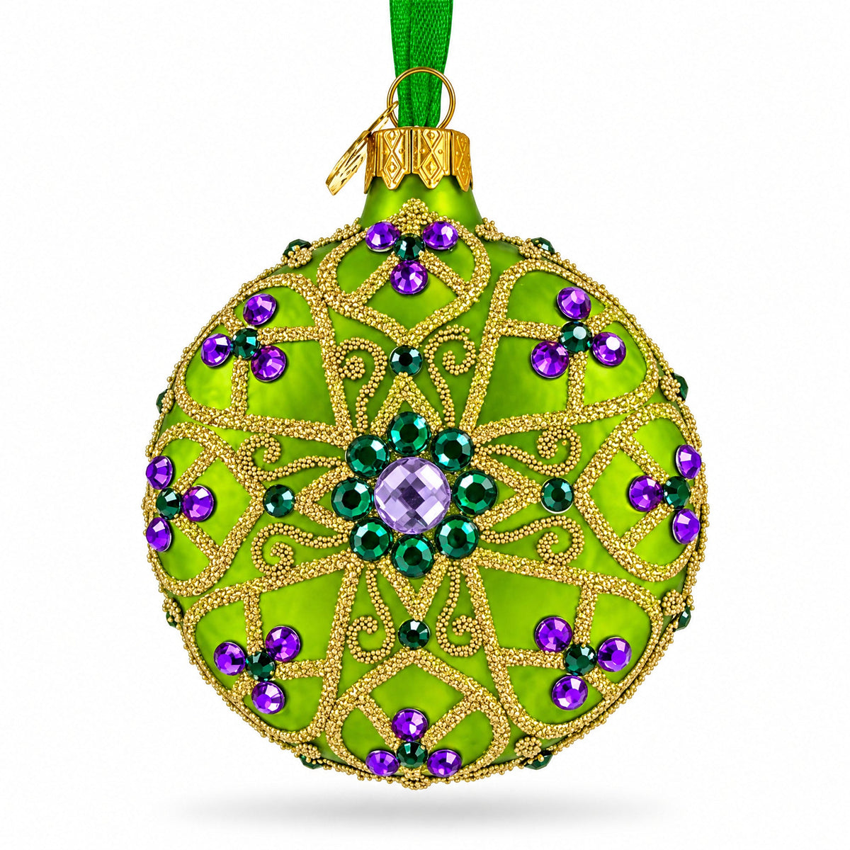 Boutique Chartreuse Scrollwork Medallion Green Glass Disc Christmas Ornament