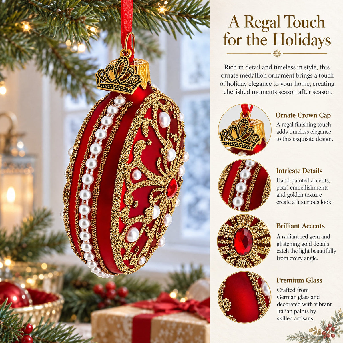 Boutique Scarlet Scrollwork Pearl Accent Glass Disc Christmas Ornament