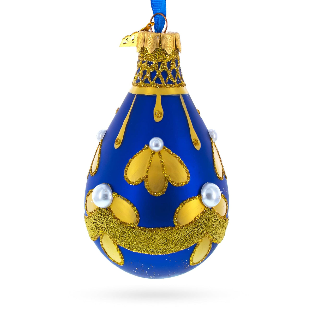 Gold Pattern on Blue Waterdrop Finial Glass Christmas Ornament