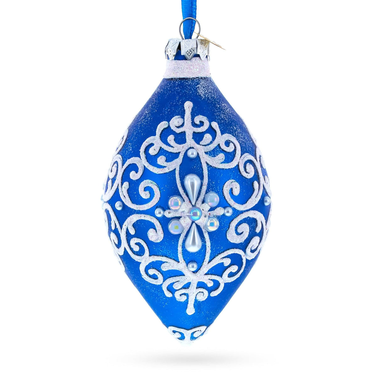 a blue and white ornament