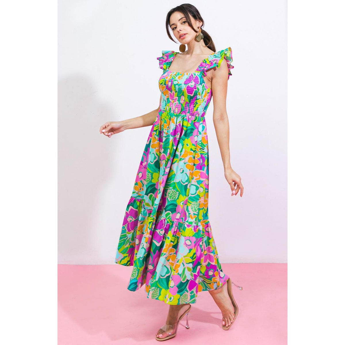 a woman in a colorful dress