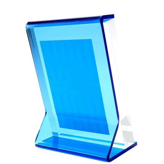 a blue plastic holder with a picture of a book