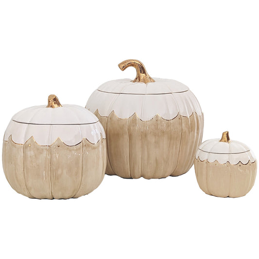 Scalloped Pumpkin Jars with 22K Gold Accents in Tan