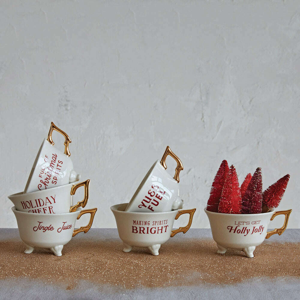 Set of 6 Sassy Holiday Footed Teacups w/ Gold Electroplating