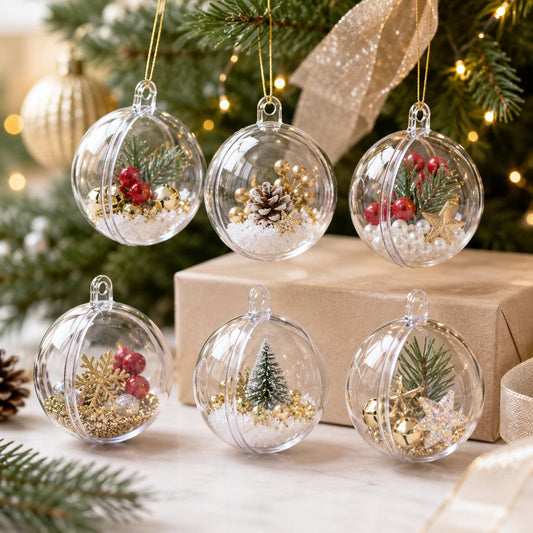 a group of clear ornaments with snow and pine cones