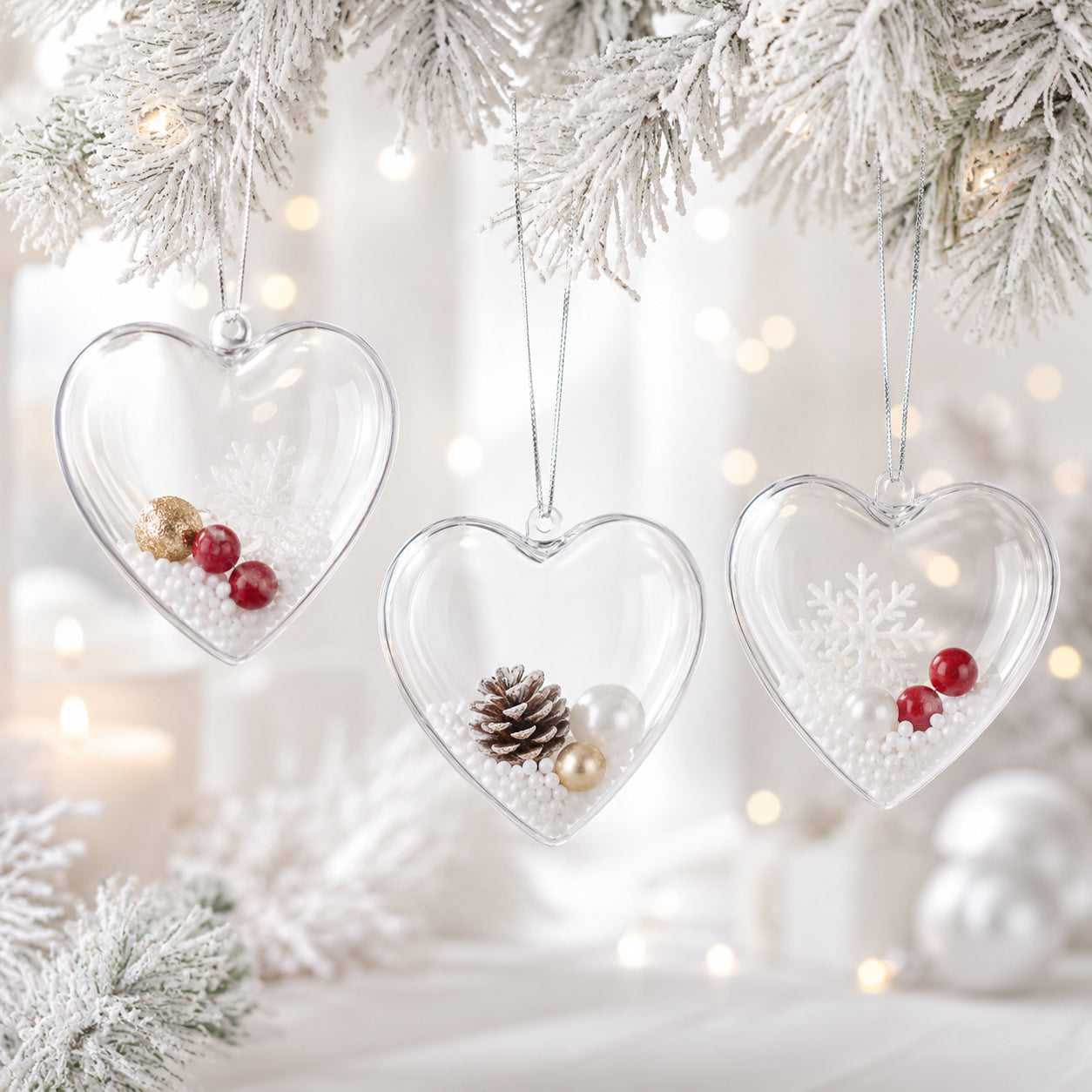 Set of 3 Clear Plastic Heart Ornaments 3.05 Inches