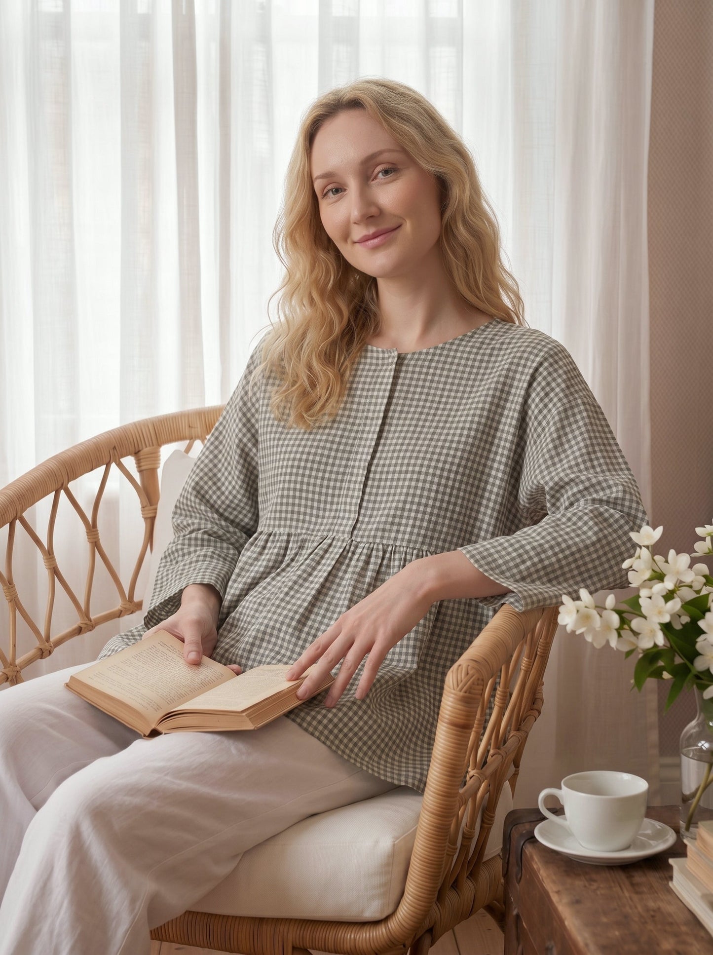 Linen Checked Long-Sleeved Top CAROLINE