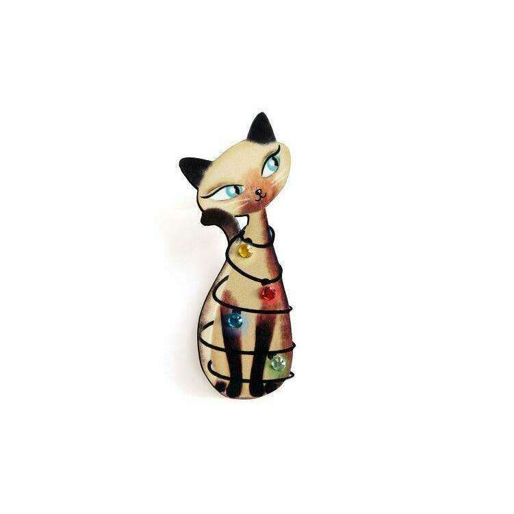 Siamese Cat with Christmas Lights Brooch by Laliblue
