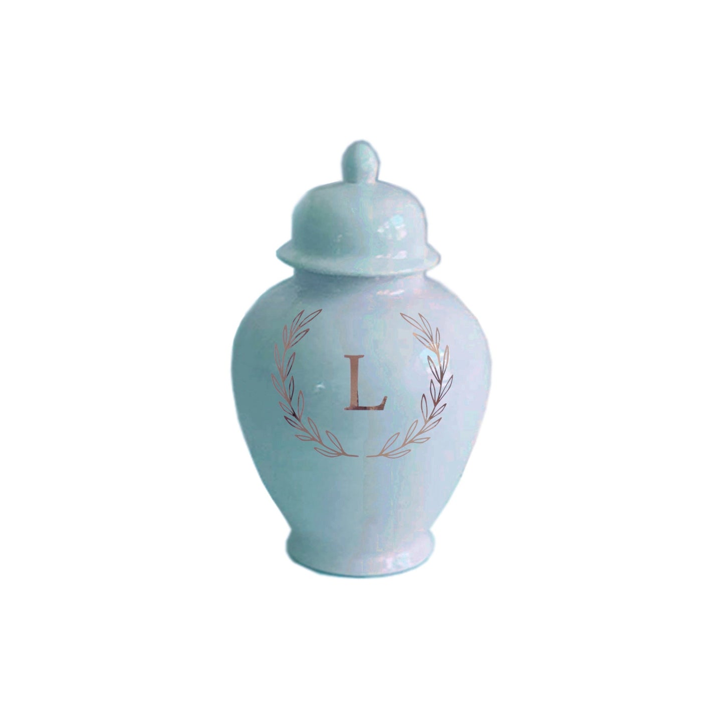 Single Letter Laurel Wreath Monogram Ginger Jars in Robin's Egg
