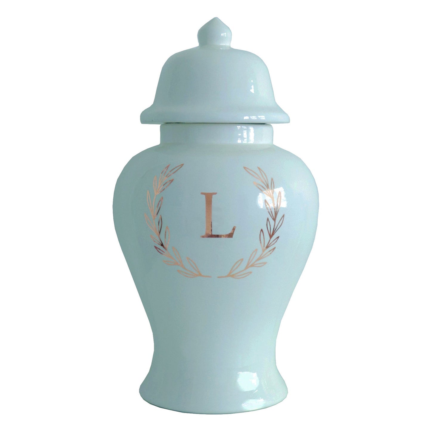 Single Letter Laurel Wreath Monogram Ginger Jars in Robin's Egg
