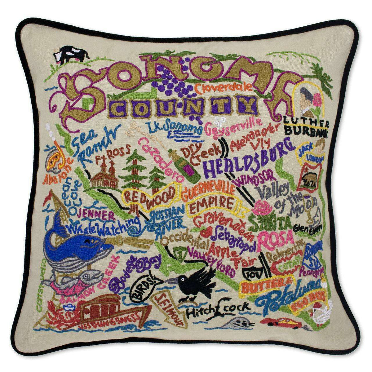 Sonoma County, CA Hand-Embroidered Pillow