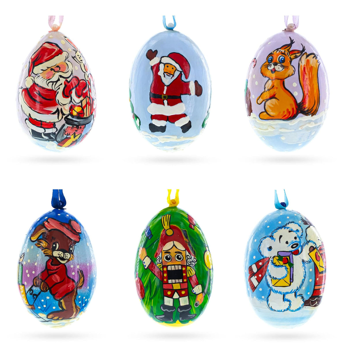 Santa, Nutcracker, Bear, Dog and Squirrel Wooden Christmas Ornaments 3 Inches