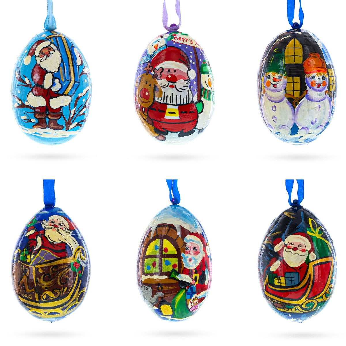 Santa, Snowman and Reindeer Delivering Gifts Wooden Christmas Ornaments 3 Inches