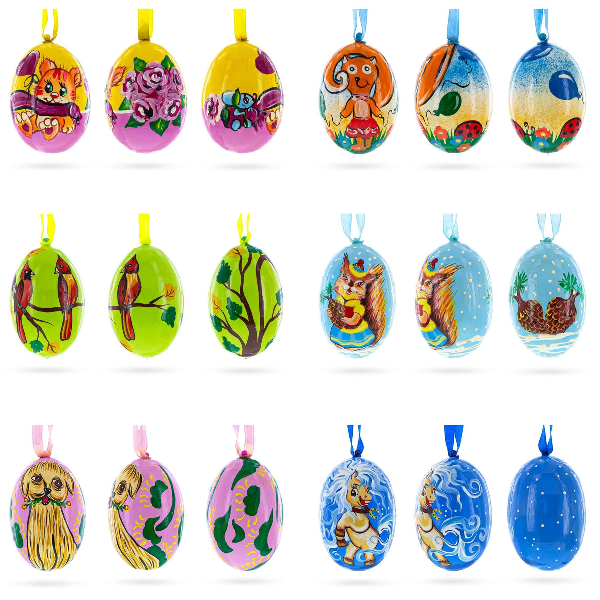 Set of 6, Dog, Cat, Cardinals Birds Wooden Christmas Ornaments 3 Inches