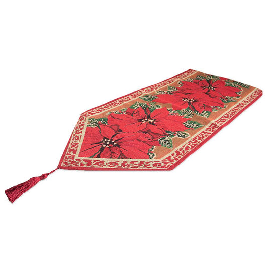 a red and brown rug with a tassel