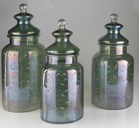 Stewartville Green Etched Glass Jar - Clearance